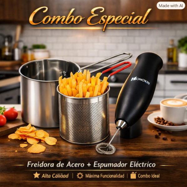 Combo Olla Freidora Batidor1 🍟☕ Combo Premium Freidora de Acero + Espumador Eléctrico MONOXIN | Cocina y Bebidas en Casa