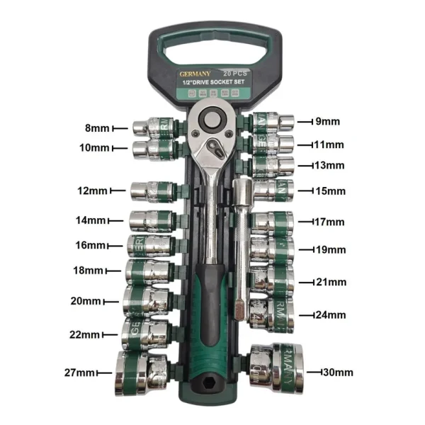 🔧 Juego de Copas y Llave Rachet 20 Piezas – Kit Mecánico 1/2"