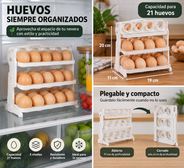 Organizador De Huevos 3 Niveles Plegable4 🥚 Organizador de Huevos Plegable de 3 Niveles – Capacidad para 21 Huevos