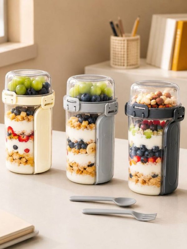 Taza Doble Hermetica Ensalada Cubiertos2 🥗 Taza Doble Hermética para Ensalada, Yogurt y Snacks con Cubiertos